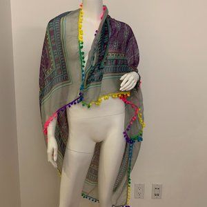 44" Square printed scarf with pompom all around